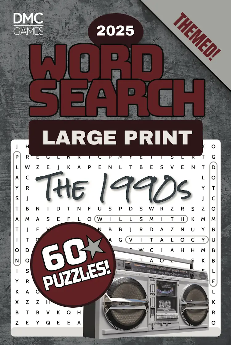 Cover of "The 1980s Word Search" - a retro-themed puzzle book with 60 word searches inspired by 1980s music, movies, pop culture, and trends.