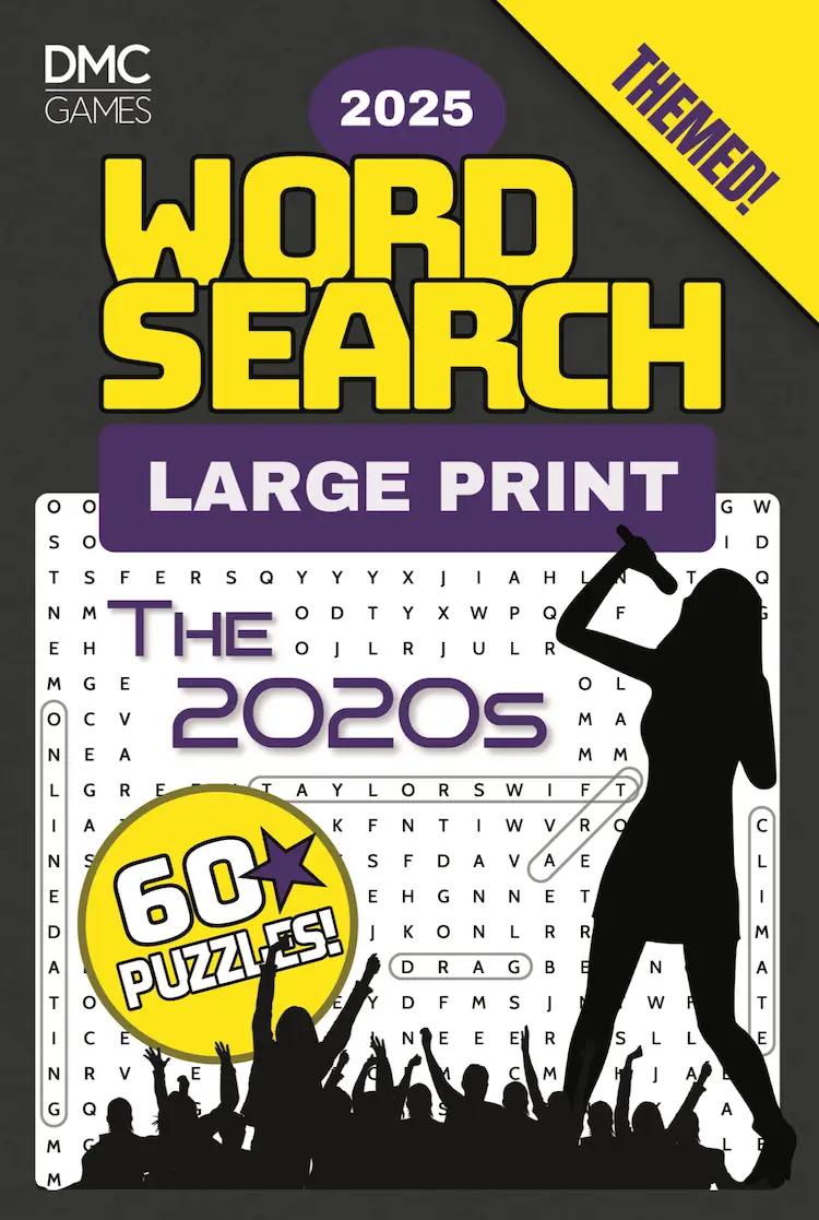 Cover of "The 2020s Word Search" - a puzzle book featuring 60 word search challenges inspired by the defining trends, events, and pop culture of the decade.