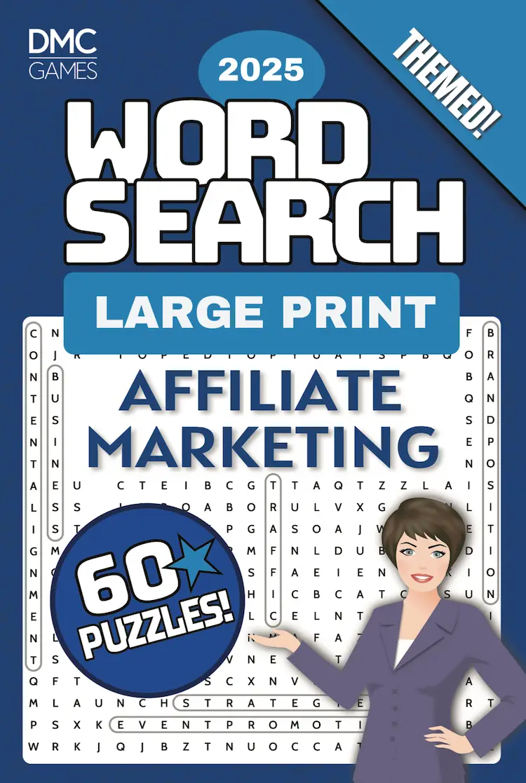 Cover of "Affiliate Marketing Word Search" - a puzzle book with 60 word search challenges focused on digital marketing, SEO, content creation, and online business strategies.