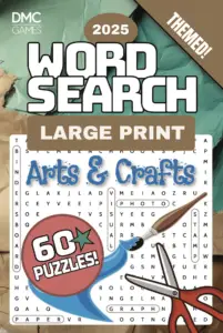 Cover of "Arts & Crafts Word Search" - a puzzle book featuring 60 word search puzzles celebrating painting, knitting, DIY, and artistic creativity.