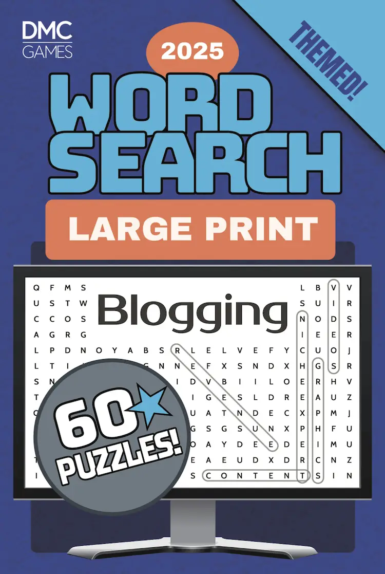 Cover of "Blogging Word Search" - a puzzle book featuring 60 word search challenges about blogging, SEO, writing, and digital content creation.