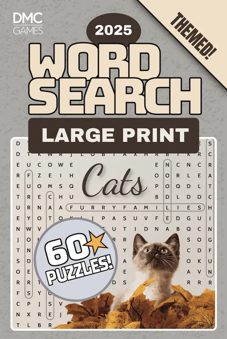 Cover of "Cats Word Search" - a puzzle book with 60 word search puzzles celebrating cat breeds, famous felines, and the quirks of our furry companions.