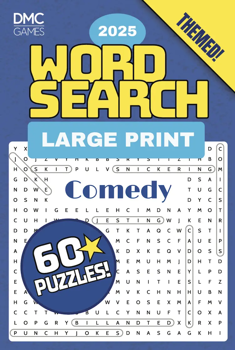 Cover of "Comedy Word Search" - a puzzle book featuring 60 word search puzzles about stand-up comedy, sitcoms, famous comedians, and classic humor.