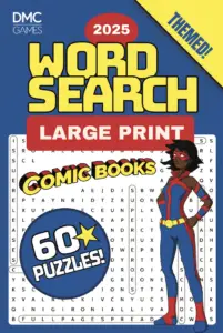 Cover of "Comic Books Word Search" - a superhero-themed puzzle book with 60 word search challenges featuring legendary heroes, villains, and classic comic stories.