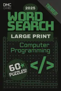 Cover of "Computer Programming Word Search" - a puzzle book featuring 60 word search puzzles about coding languages, software development, and tech innovation.