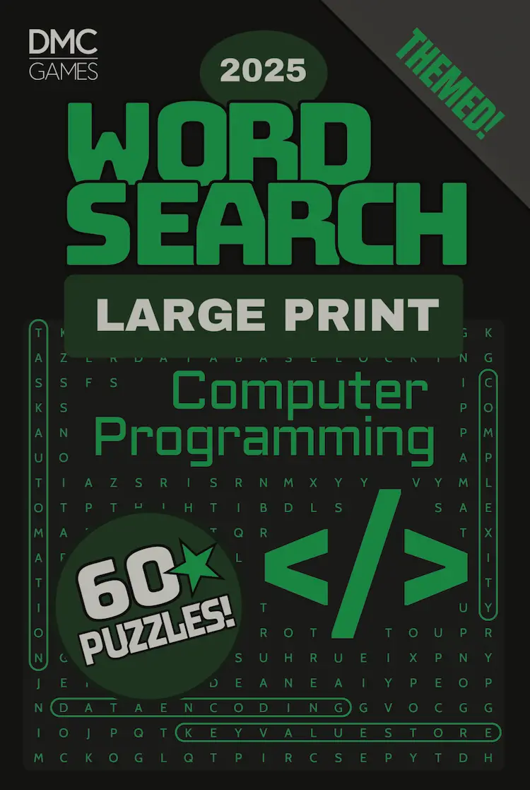 Cover of "Computer Programming Word Search" - a puzzle book featuring 60 word search puzzles about coding languages, software development, and tech innovation.