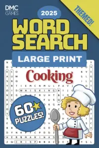 Cover of "Cooking Word Search" - a puzzle book with 60 word search puzzles focused on recipes, ingredients, international cuisines, and kitchen essentials.