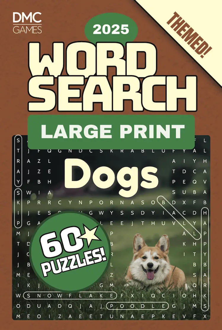 Cover of "Dogs Word Search" - a puzzle book with 60 word search puzzles celebrating dog breeds, famous dogs, and everything about man’s best friend.