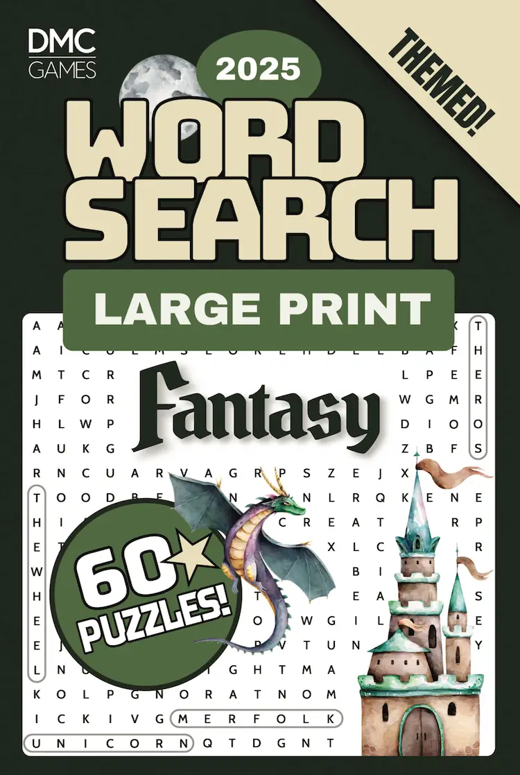 Cover of "Fantasy Word Search" - a puzzle book with 60 word search challenges filled with mythical creatures, legendary realms, and epic adventures.