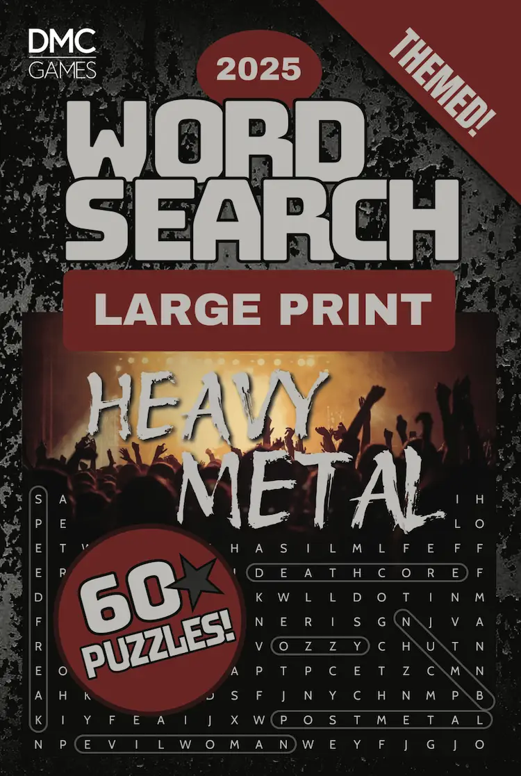 Cover of "Heavy Metal Word Search" - a puzzle book featuring 60 word search puzzles about legendary metal bands, iconic albums, and headbanging anthems.