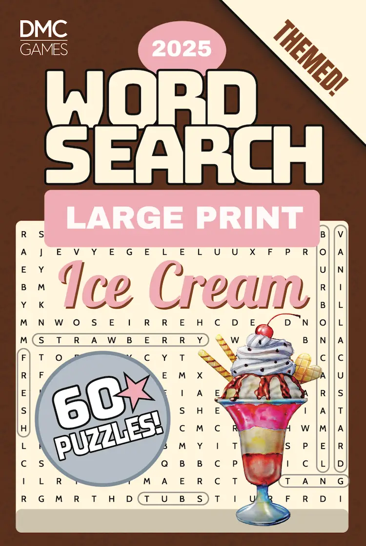 Cover of "Ice Cream Word Search" - a puzzle book with 60 word search puzzles dedicated to ice cream flavors, frozen treats, and delicious toppings.