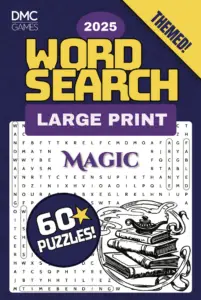 Cover of "Magic Word Search" - a puzzle book featuring 60 word search puzzles about illusions, famous magicians, and mystical traditions.