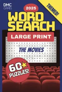 Cover of "Movies Word Search" - a puzzle book with 60 word search challenges celebrating Hollywood classics, modern blockbusters, and legendary films.