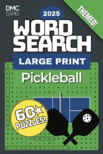 Cover of "Pickleball Word Search" - a puzzle book with 60 word search puzzles celebrating the fast-growing sport of pickleball, its rules, and top players.