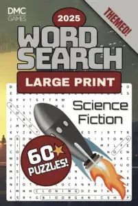 Cover of "Science Fiction Word Search" - a puzzle book featuring 60 word search puzzles inspired by futuristic worlds, space exploration, and sci-fi classics.