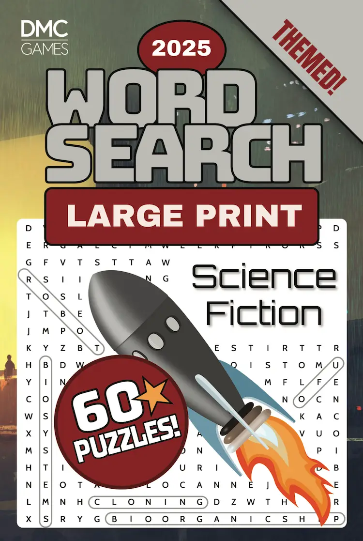 Cover of "Science Fiction Word Search" - a puzzle book featuring 60 word search puzzles inspired by futuristic worlds, space exploration, and sci-fi classics.