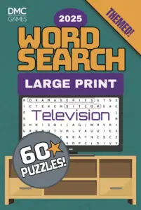 Cover of "Television Word Search" - a puzzle book with 60 word search challenges about classic TV shows, famous actors, and pop culture moments.