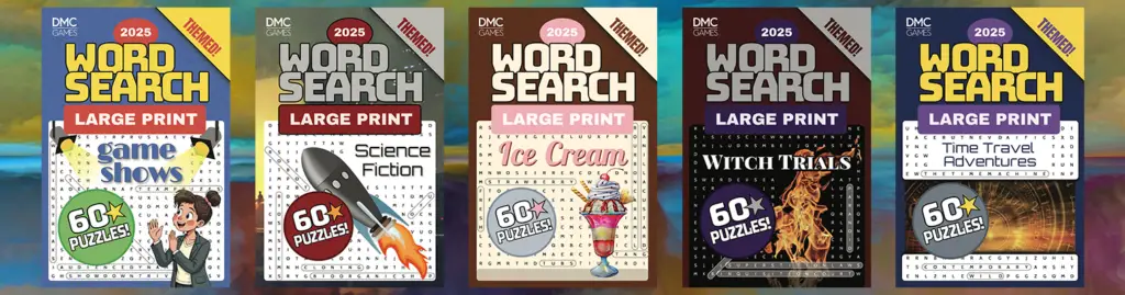 Game Shows Word Search, Science Fiction Word Search, Ice Cream Word Search, Witch Trials Word Search, and Time Travel Word Search book covers