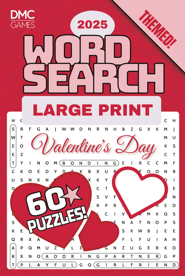 Cover of "Valentine’s Day Word Search" - a puzzle book with 60 word search puzzles about love, romance, famous couples, and Valentine’s traditions.