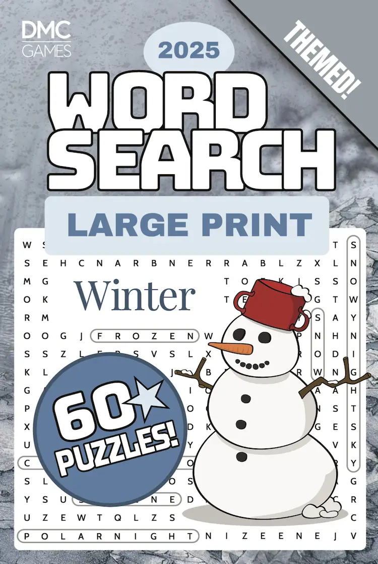 Cover of "Winter Word Search" - a puzzle book with 60 word search challenges celebrating snow, holiday traditions, and cozy winter activities.