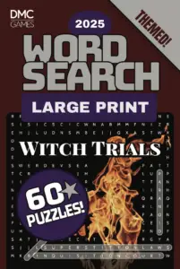 Cover of "Witch Trials Word Search" - a puzzle book with 60 word search puzzles exploring the Salem witch trials, historical events, and folklore.