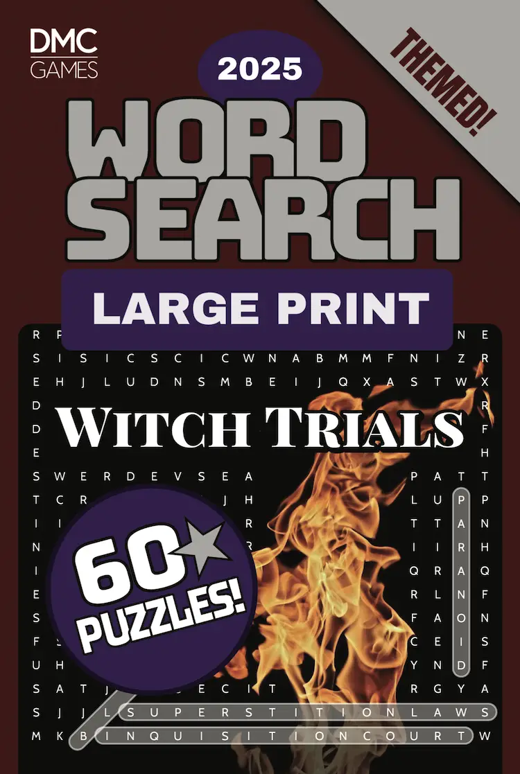 Cover of "Witch Trials Word Search" - a puzzle book with 60 word search puzzles exploring the Salem witch trials, historical events, and folklore.