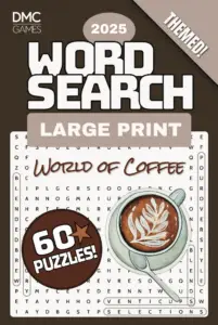 Cover of "World of Coffee Word Search" - a puzzle book featuring 60 word search puzzles about coffee varieties, brewing methods, and café culture.