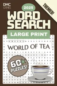 Cover of "World of Tea Word Search" - a puzzle book featuring 60 word search puzzles about tea traditions, global tea cultures, and brewing techniques.