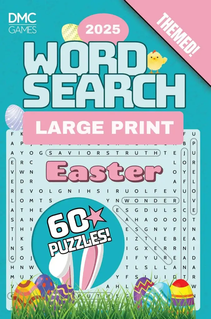 Easter Word Search 2025 book cover featuring festive colors and themed illustrations.