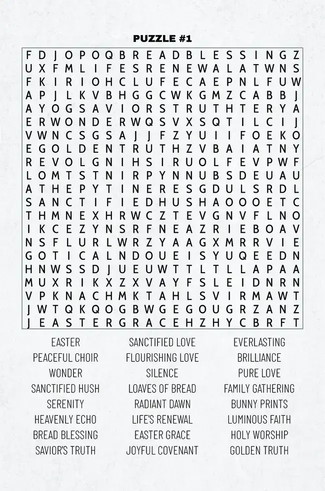 First Word Search Puzzle Page: Sample puzzle page from Easter Word Search 2025 with Easter-themed words.