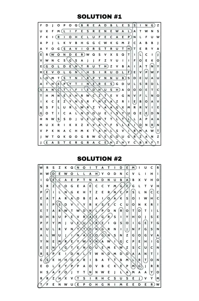 First Word Search Solution Page: Answer key page from Easter Word Search 2025 displaying completed word search solutions.