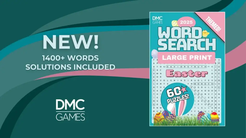 Easter Word Search 2025 book cover featuring 60 fun puzzles, 1400+ Easter-themed words, large print for easy reading, and solutions included.