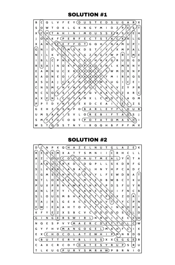 Solution page showing completed word search from Pancakes Word Search book.