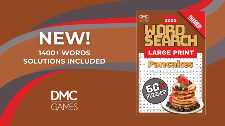 Pancakes Word Search 2025 book cover featuring 60 deliciously fun puzzles, 1400+ breakfast-themed words, large print for easy reading, and solutions included.