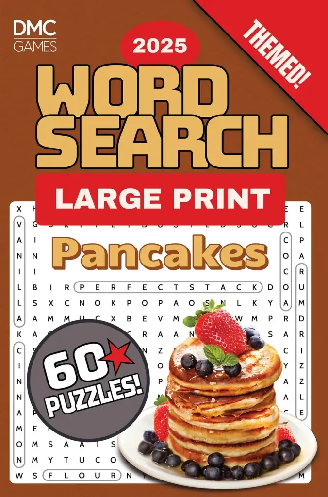 Pancakes Word Search book cover featuring a stack of pancakes with syrup.