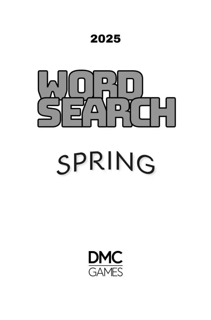 Interior title page of the "Spring Word Search 2025" book. The page displays the words "Word Search" in bold typography, followed by the theme word “Spring.” The design is simple and elegant, reinforcing the seasonal theme.