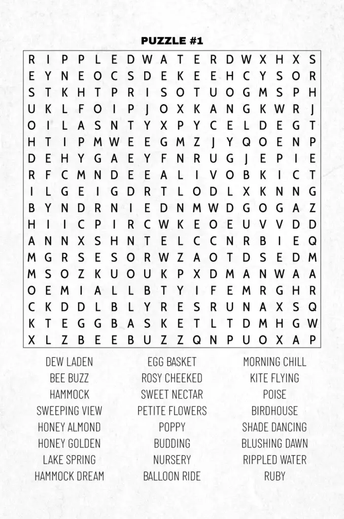 First puzzle page of the "Spring Word Search 2025" book. A word search grid is displayed with a list of words related to spring. The page layout is clean, making it easy for solvers to enjoy finding hidden words.