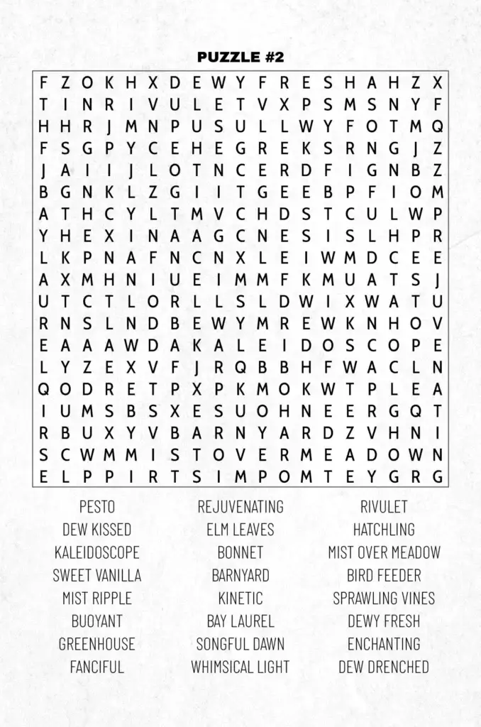 Second puzzle page of the "Spring Word Search 2025" book. Another engaging word search puzzle is featured with a list of themed words connected to the season of spring. The layout ensures a smooth solving experience.