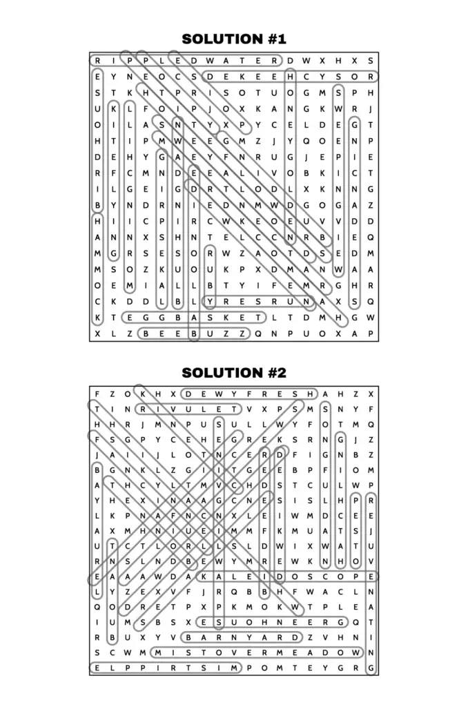 Solution page from the "Spring Word Search 2025" book. The word search grid is shown with correctly circled words, providing clear answers to one of the puzzles in the book. The layout is structured for easy reference.