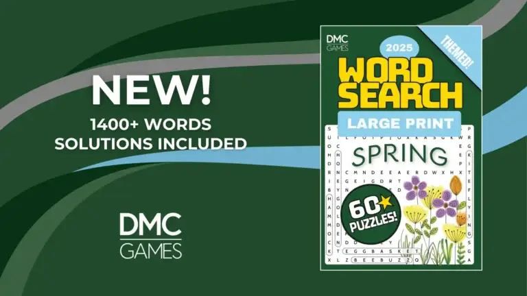 Featured image for the "Spring Word Search 2025" book announcement. The book cover is prominently displayed alongside text stating “New! 1400+ Words, Solutions Included.” The layout is clean and attention-grabbing.