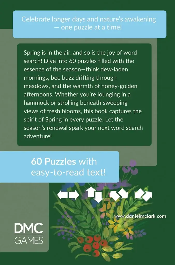 Back cover of the "Spring Word Search 2025" book. The background is decorated with spring-themed elements like flowers, birds, and soft pastel colors. The center contains a description of the book, highlighting the 60 engaging word search puzzles designed for springtime entertainment.