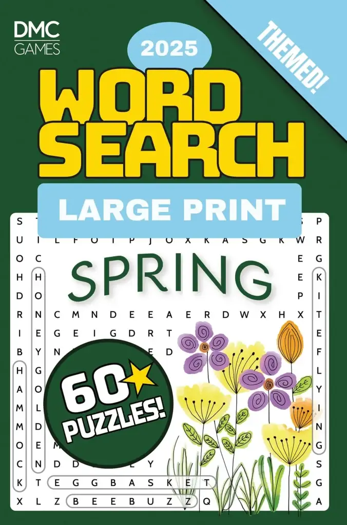 Front cover of the "Spring Word Search 2025" book. The design features vibrant spring colors with imagery of flowers, butterflies, and fresh greenery. The title is prominently displayed, stating "60 Puzzles." A clear and engaging layout emphasizes the book’s theme of springtime fun.